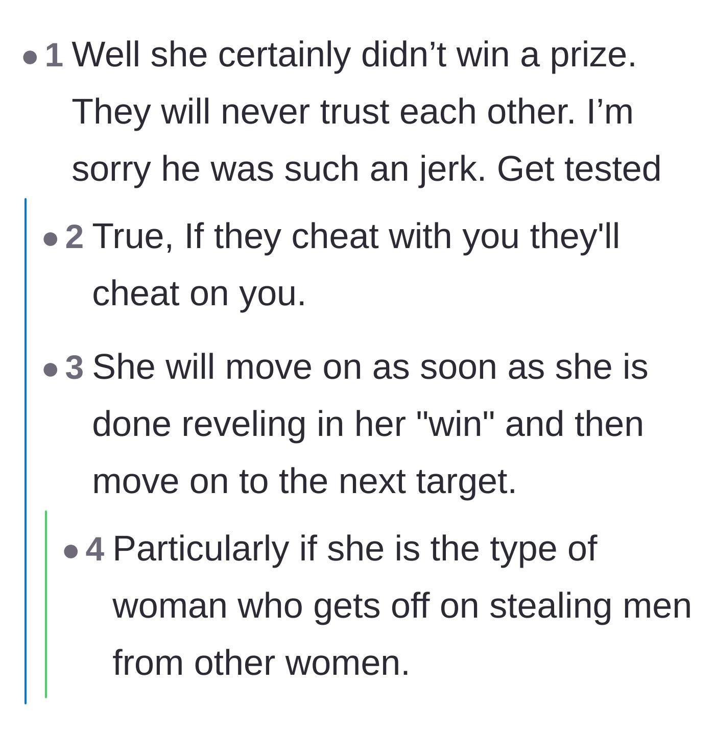 Comment thread 2 - Discussing the bleak future of the new couple and how relationships born from infidelity lack trust
