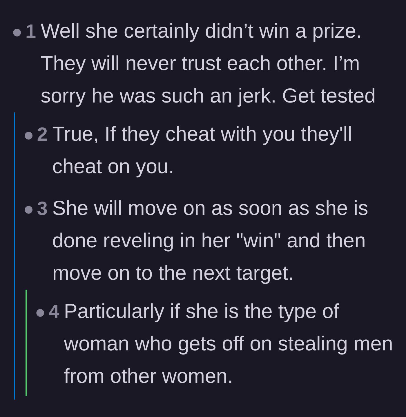 Comment thread 2 - Discussing the bleak future of the new couple and how relationships born from infidelity lack trust