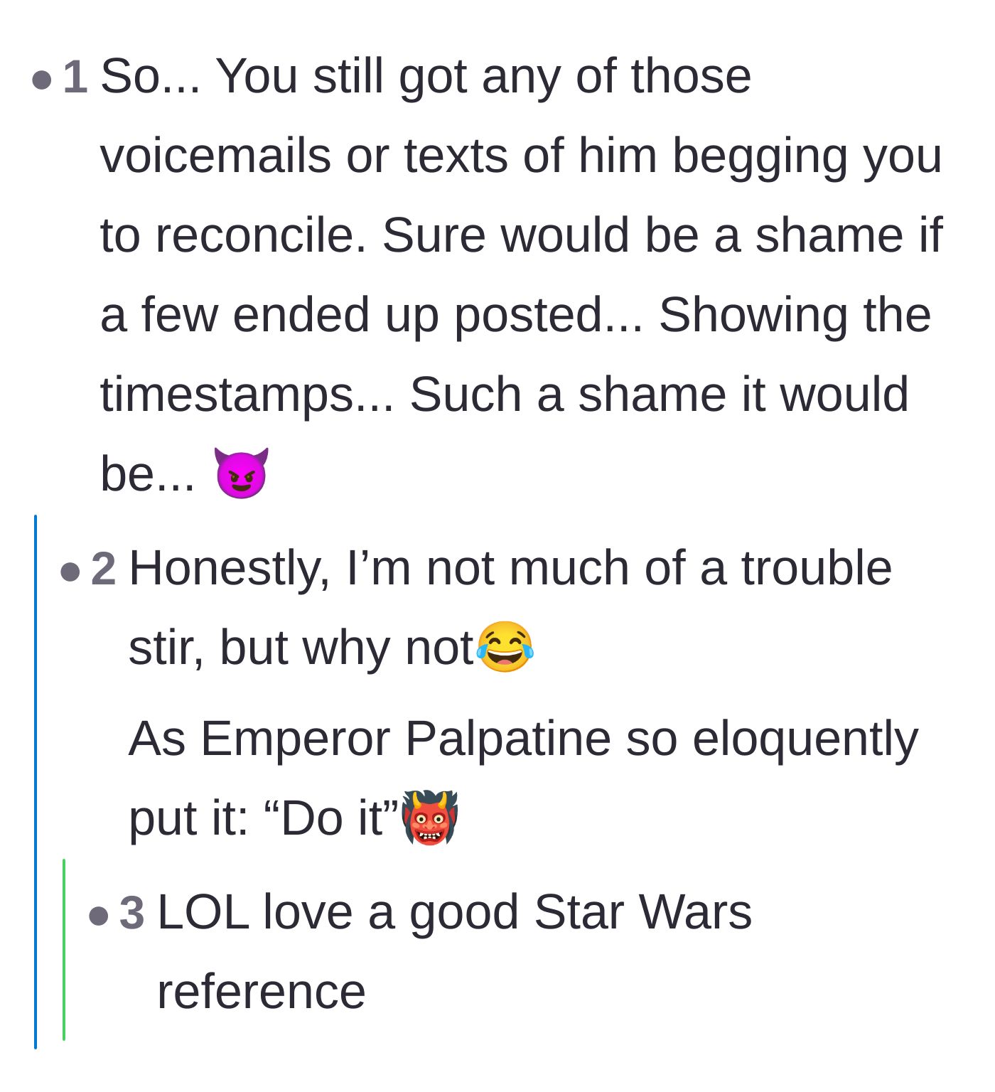 Comment thread 5 - Followers urging the original poster to leak the ex's timestamped voicemails and texts
