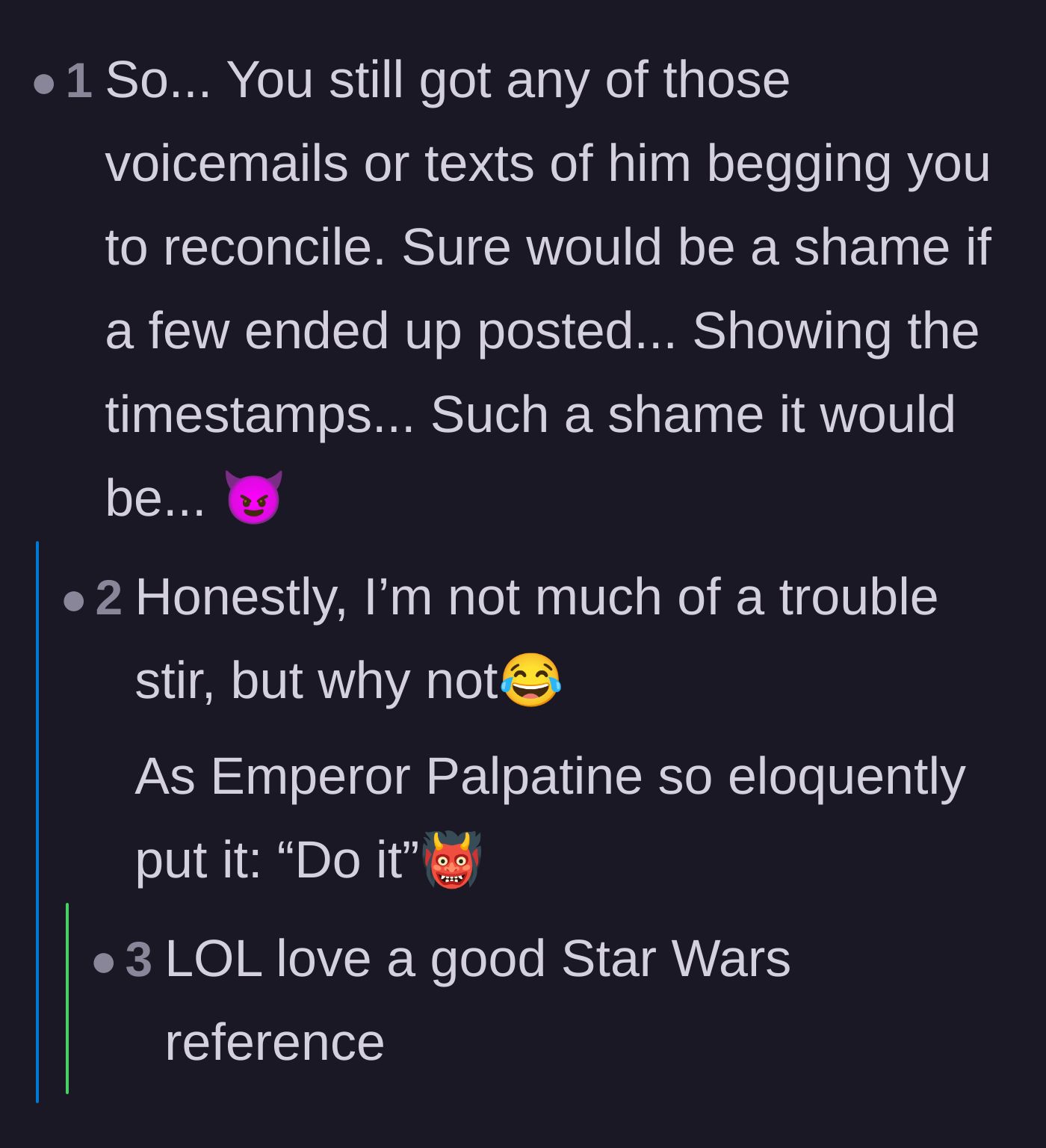 Comment thread 5 - Followers urging the original poster to leak the ex's timestamped voicemails and texts