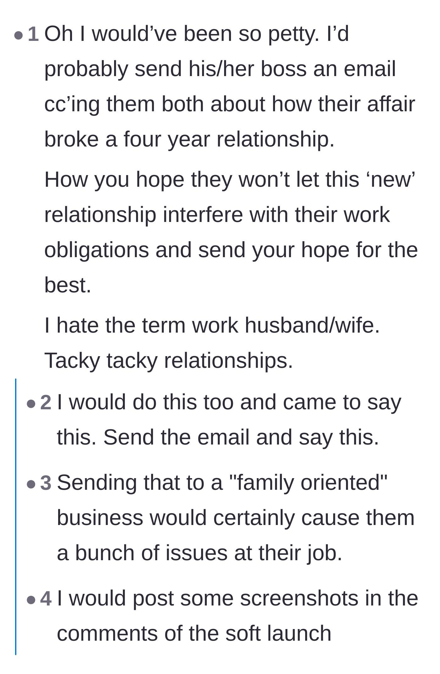Comment thread 6 - Suggestions to email the company's HR to expose how the 'work wife' dynamic destroyed a real relationship
