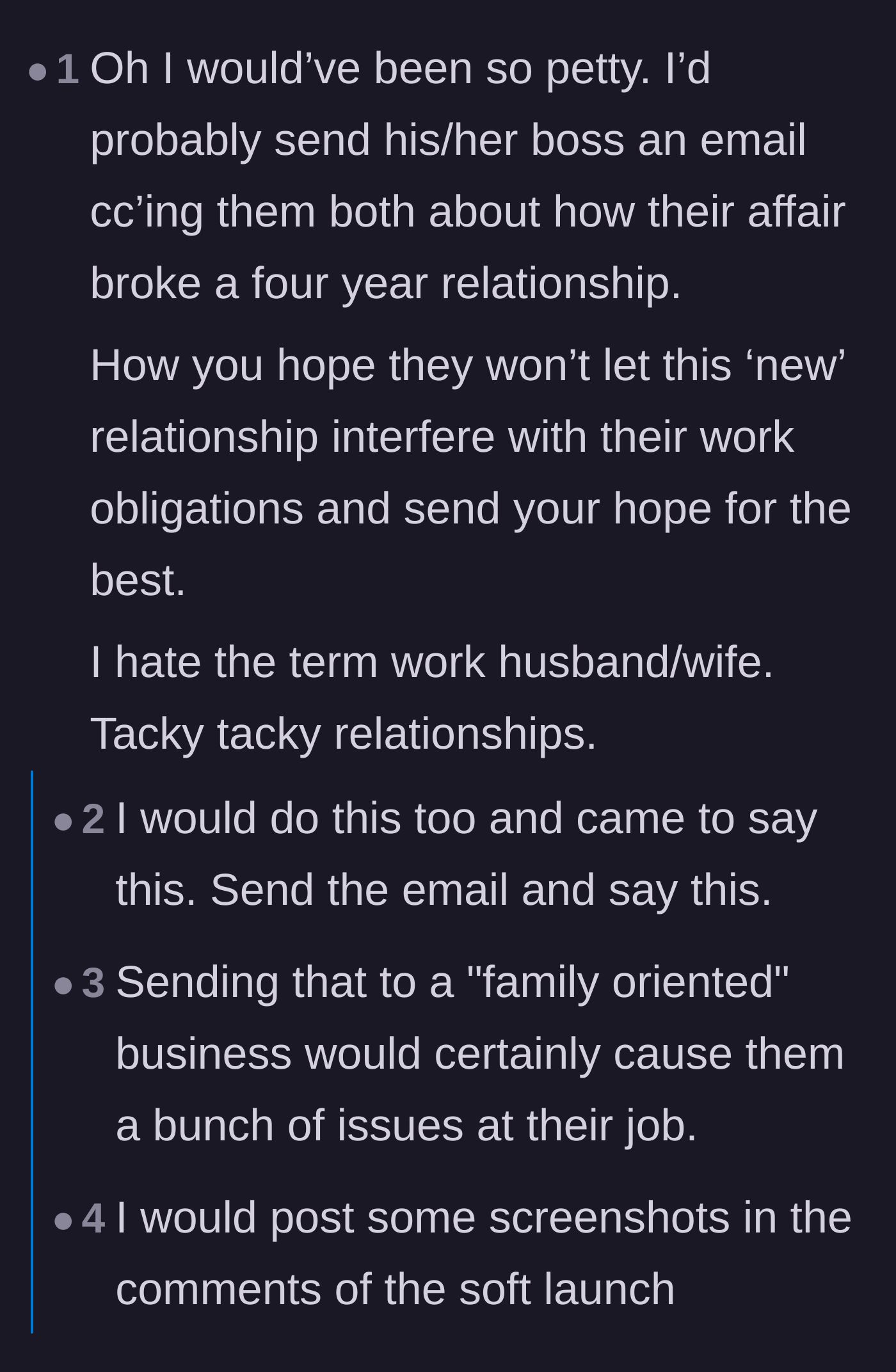 Comment thread 6 - Suggestions to email the company's HR to expose how the 'work wife' dynamic destroyed a real relationship