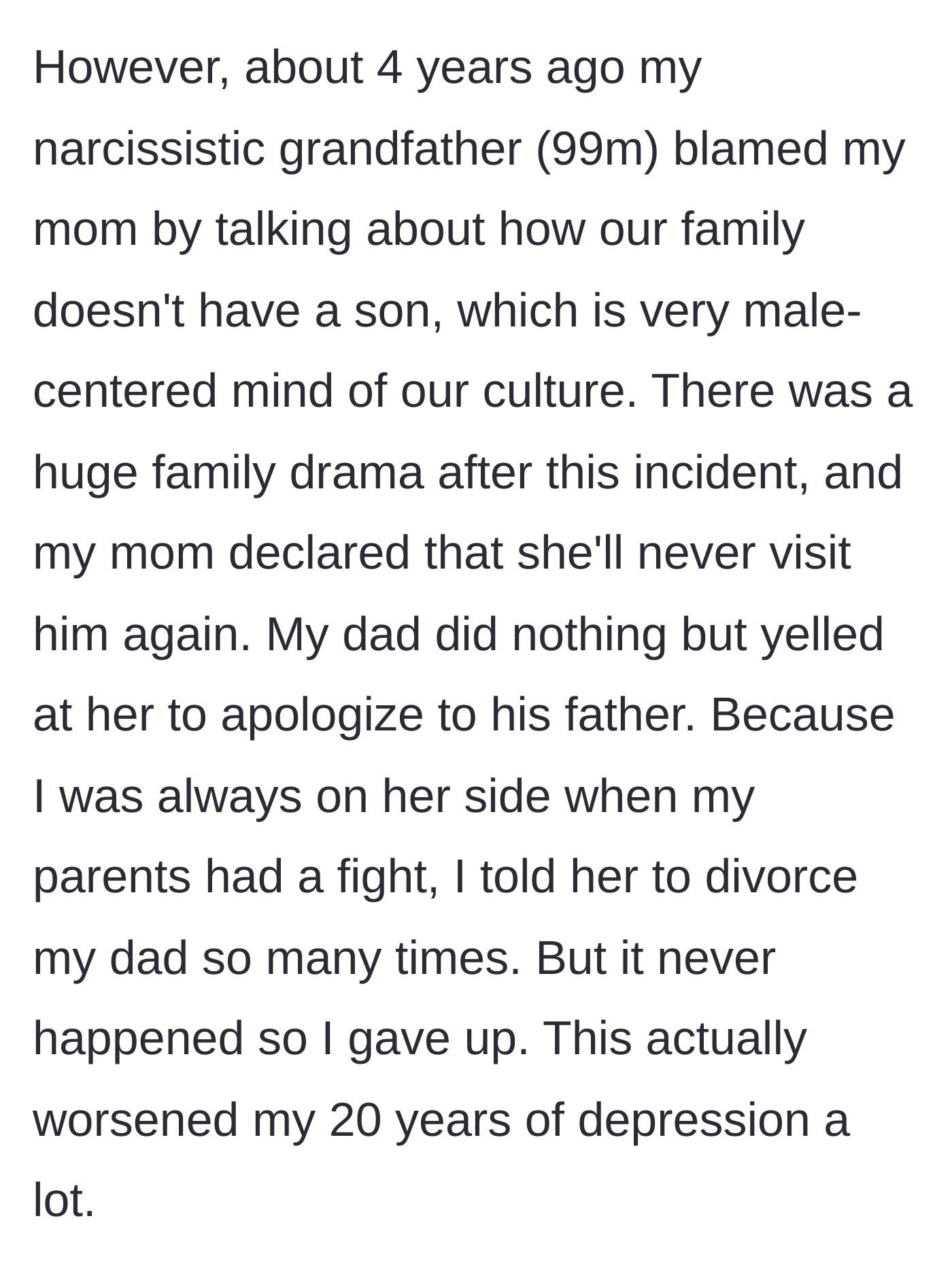 Story part 3 - A flashback to a major family fight caused by a sexist 99-year-old grandfather.