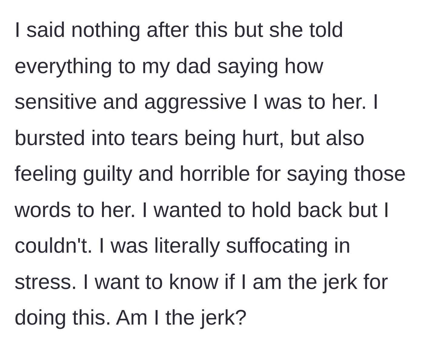 Story part 7 - The daughter crying from guilt and stress after her mother tells her father what happened.