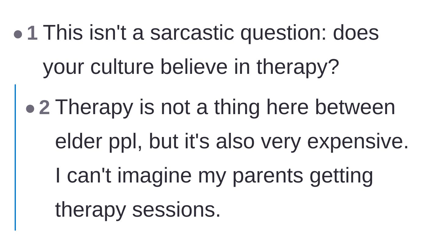 Comment thread 1 - A deep discussion about cultural barriers to therapy and how some parents tie their entire identity to their grief.