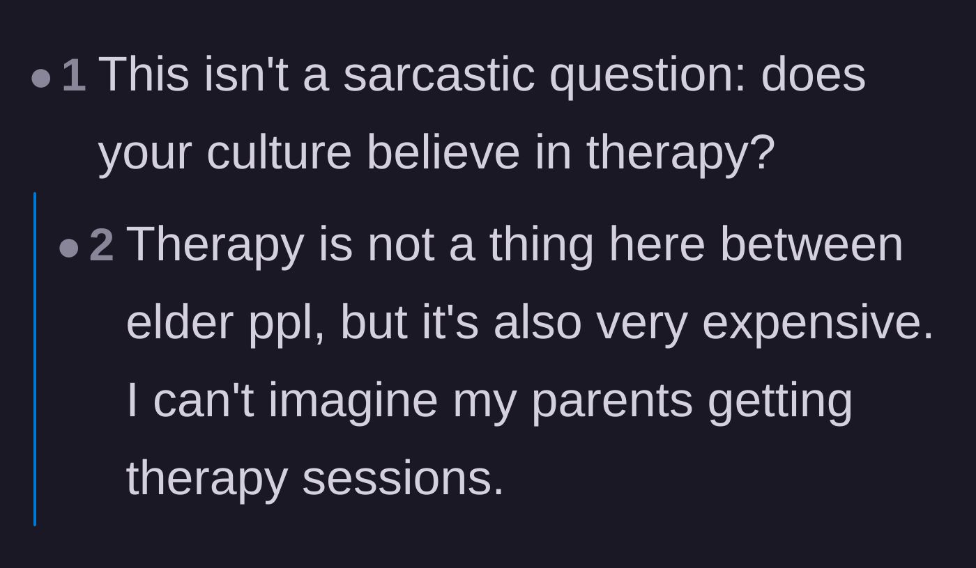 Comment thread 1 - A deep discussion about cultural barriers to therapy and how some parents tie their entire identity to their grief.