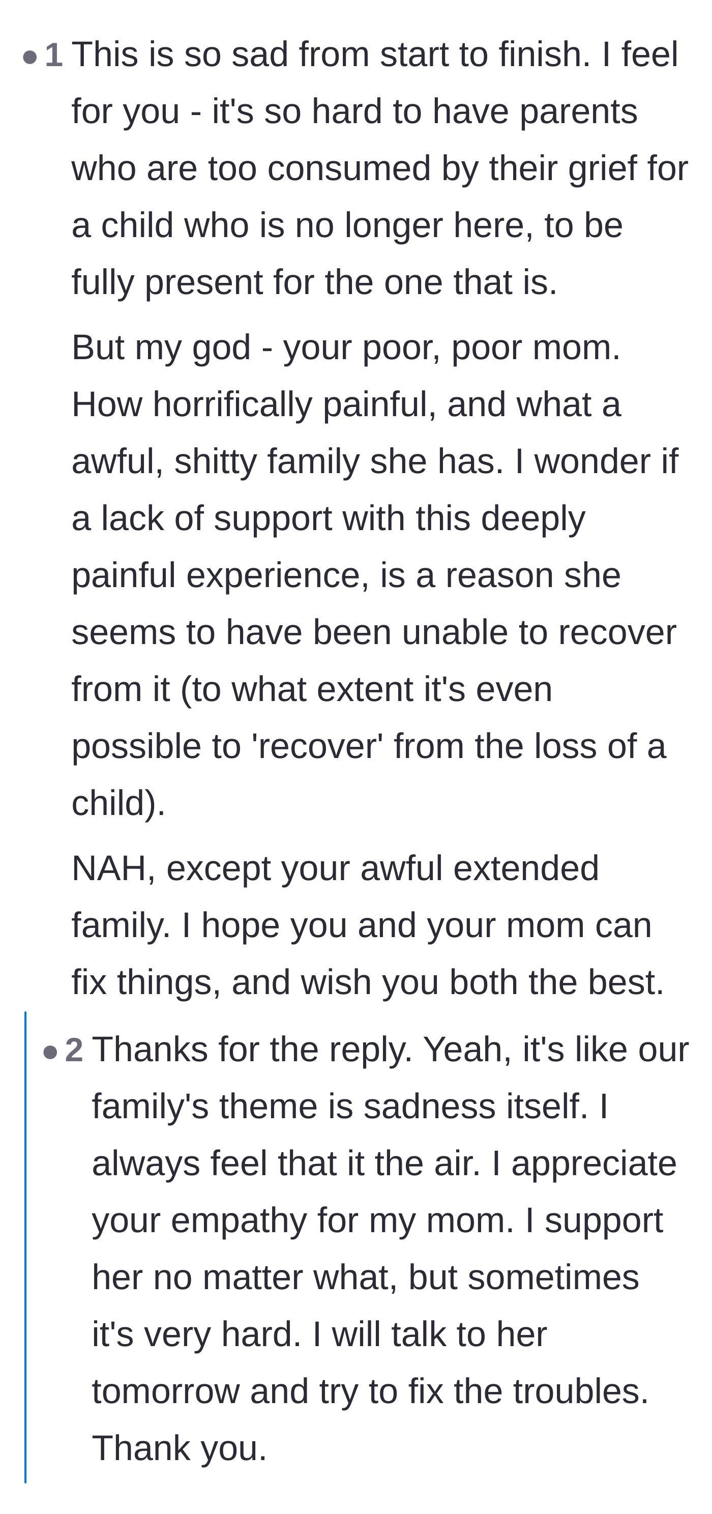 Comment thread 2 - A compassionate exchange about the unique agony of being the forgotten sibling left behind in a tragedy.