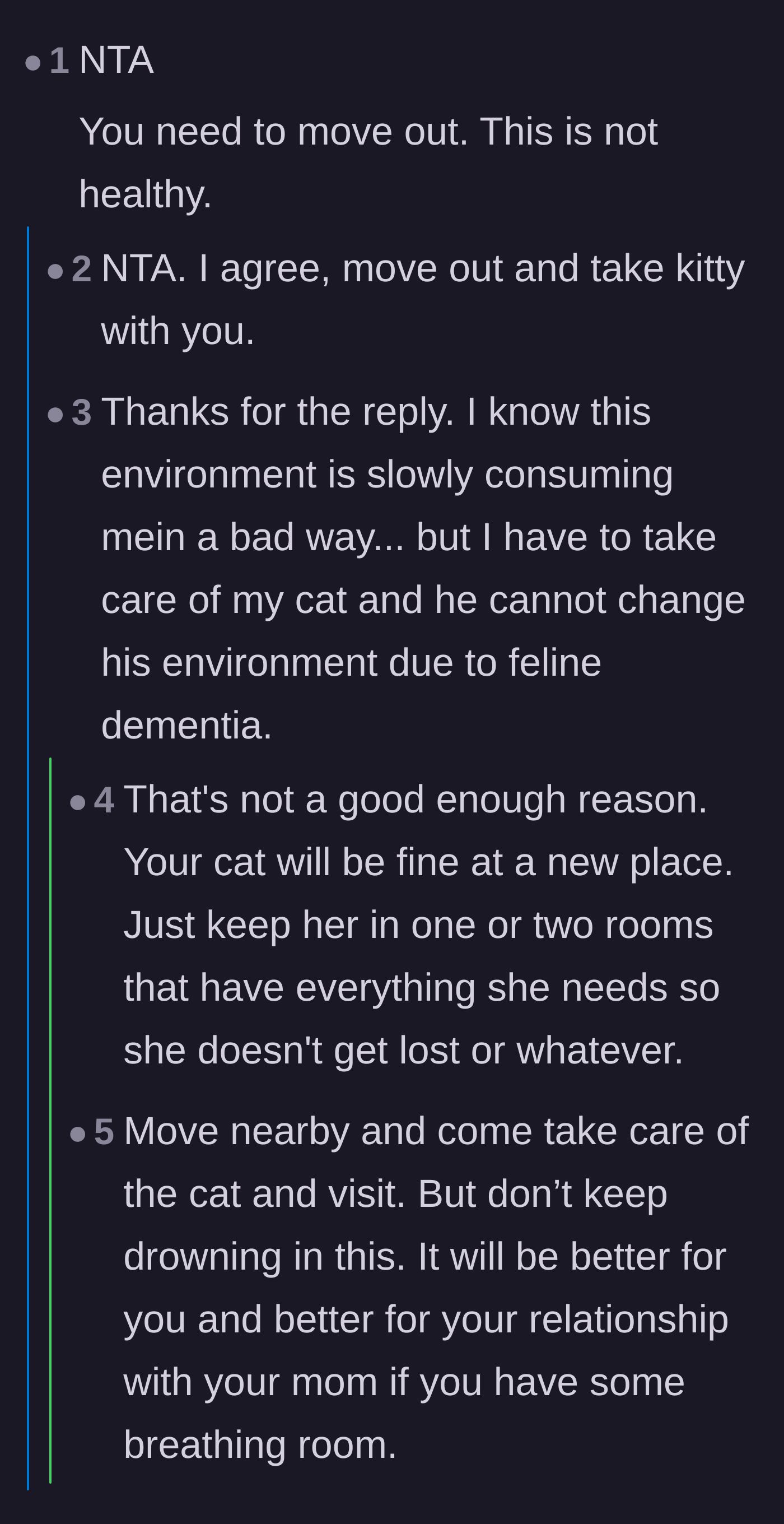 Comment thread 3 - Debate over whether the narrator is using her elderly, sick cat as an excuse to avoid leaving her toxic home.