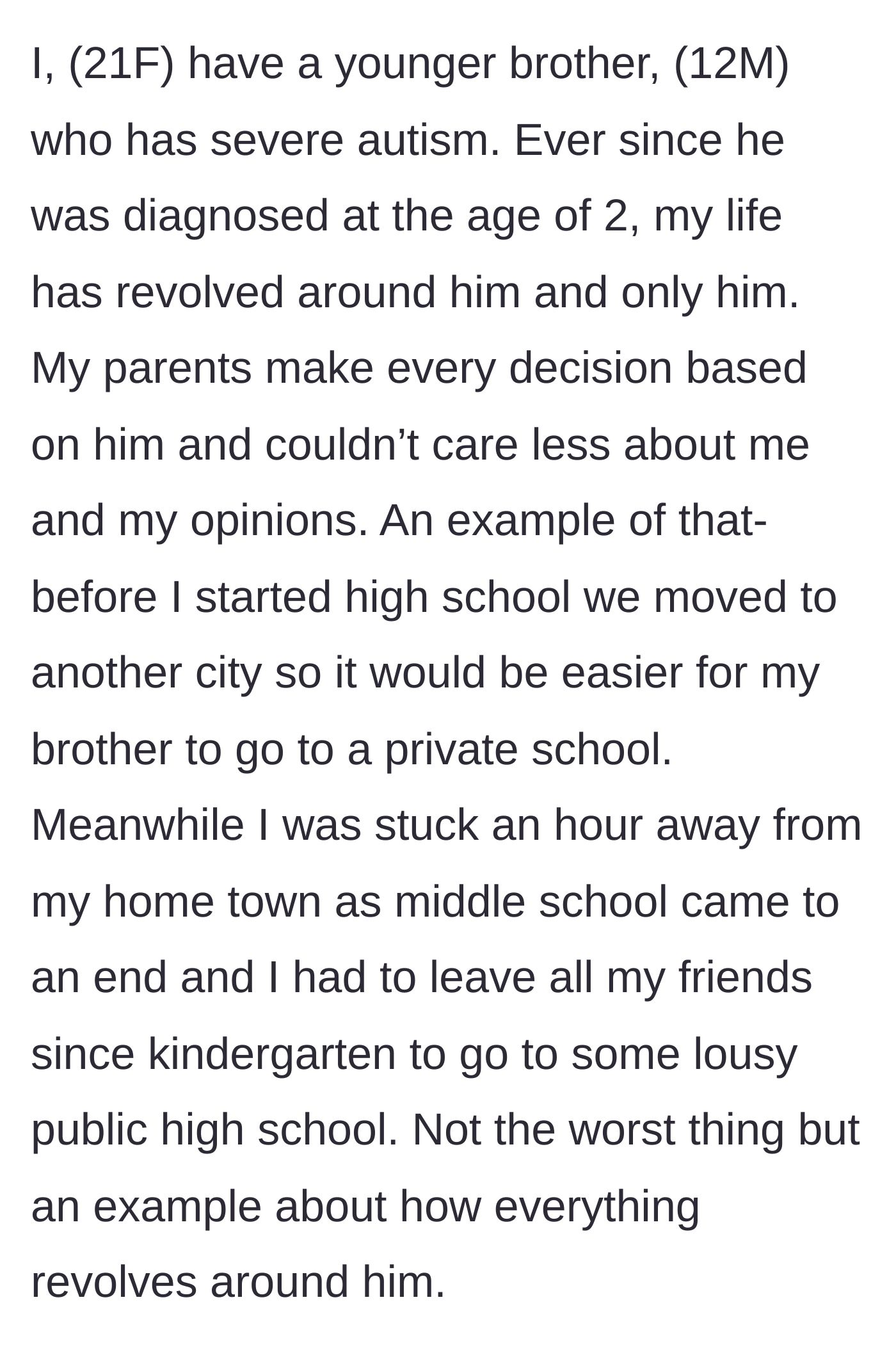 Story part 1 - A young woman looking out a car window as her family moves away from her friends to prioritize her brother's needs.