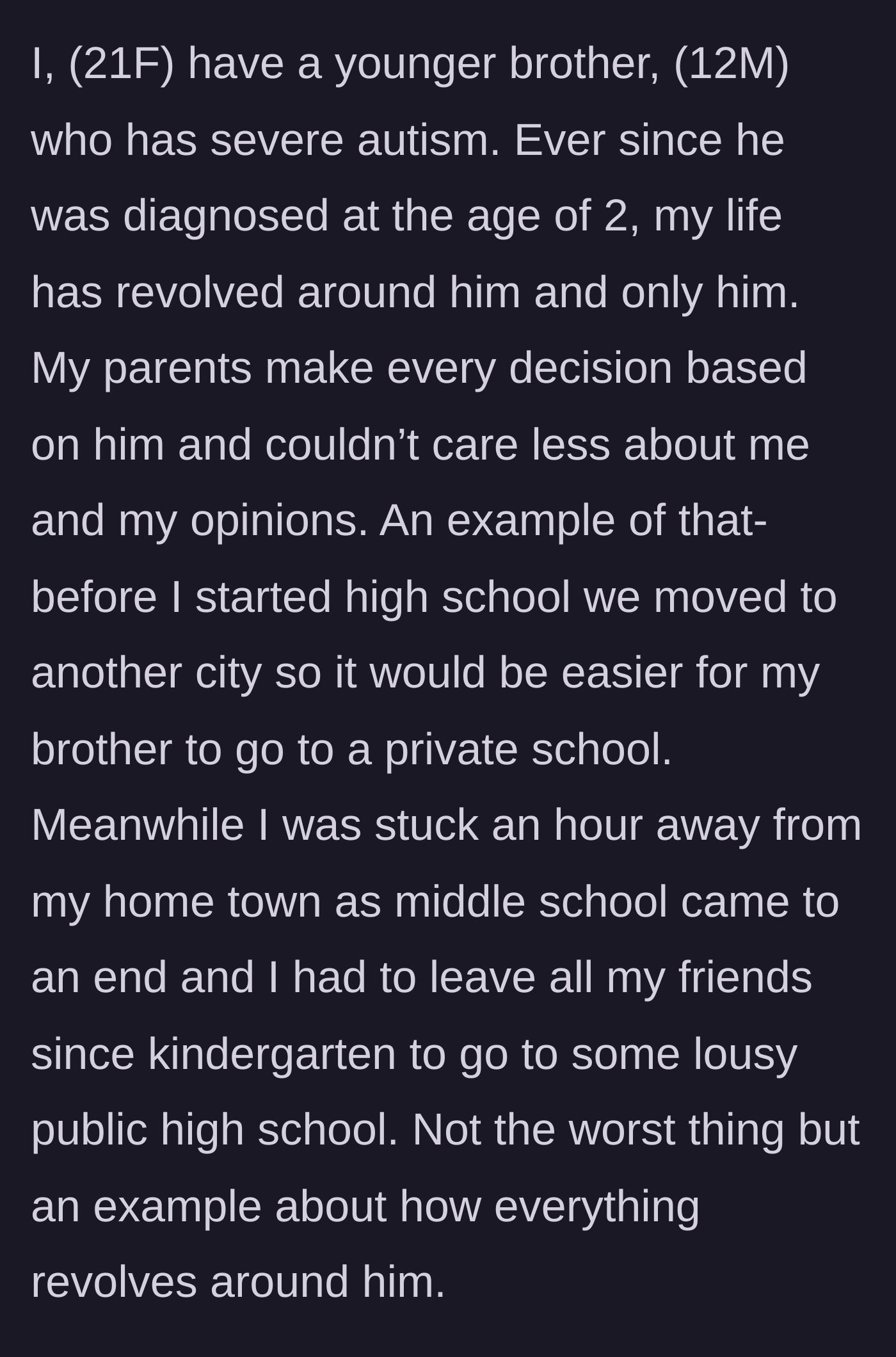 Story part 1 - A young woman looking out a car window as her family moves away from her friends to prioritize her brother's needs.