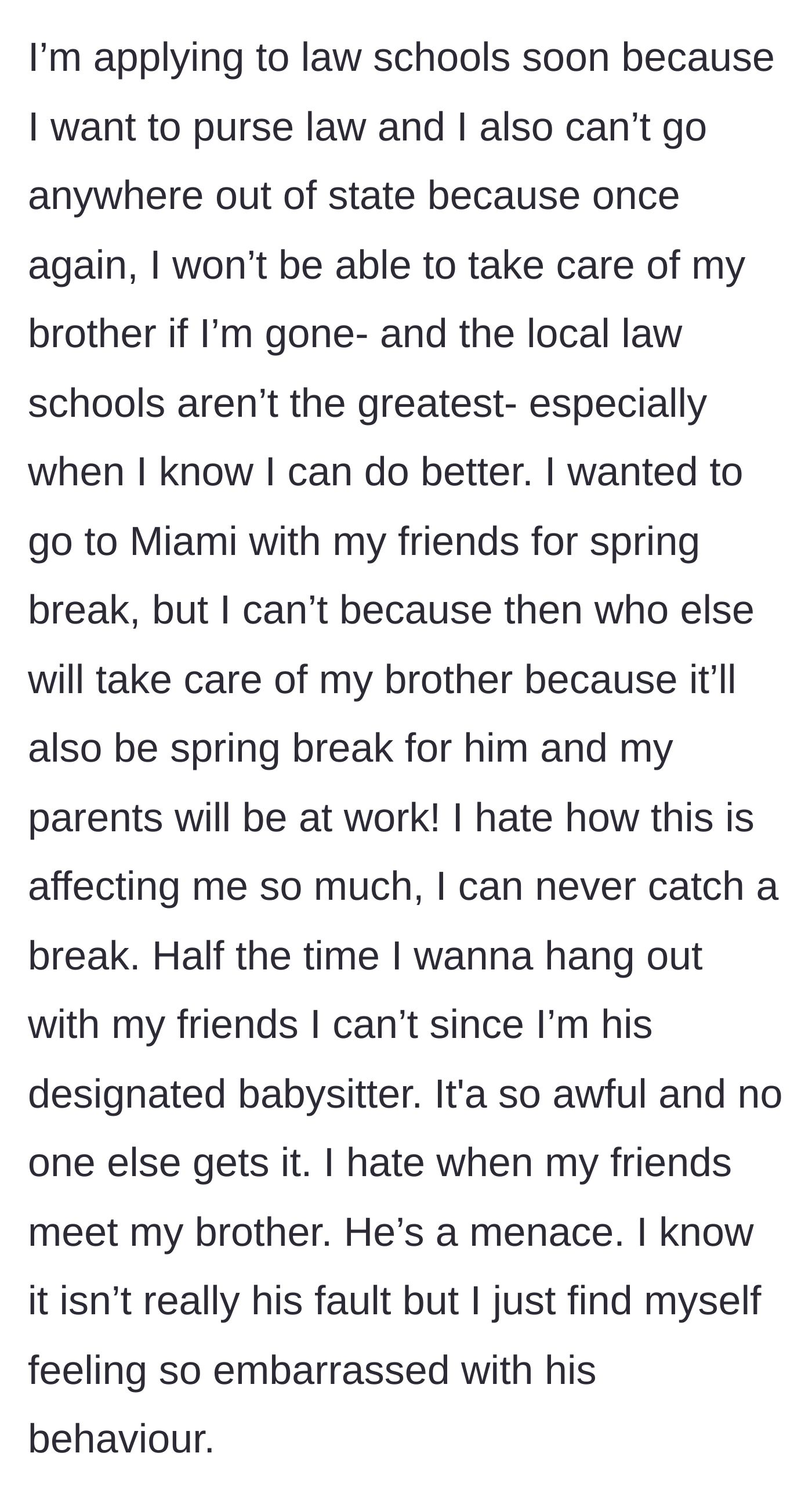 Story part 4 - A stressed young woman studying for law school while watching her friends plan a spring break trip without her.