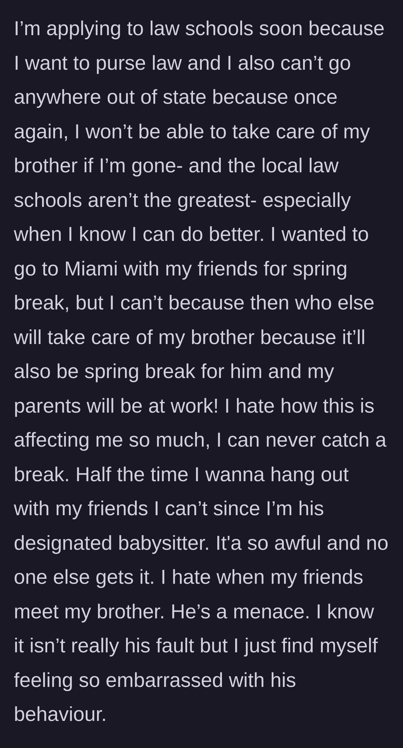 Story part 4 - A stressed young woman studying for law school while watching her friends plan a spring break trip without her.