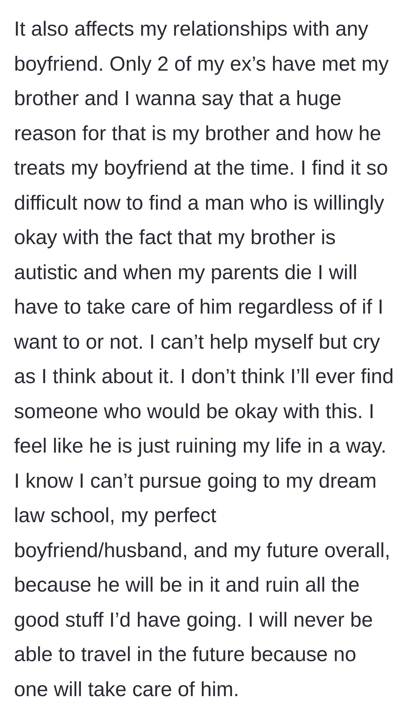 Story part 5 - A tearful young woman sitting alone, overwhelmed by the thought of never finding a partner due to her family situation.