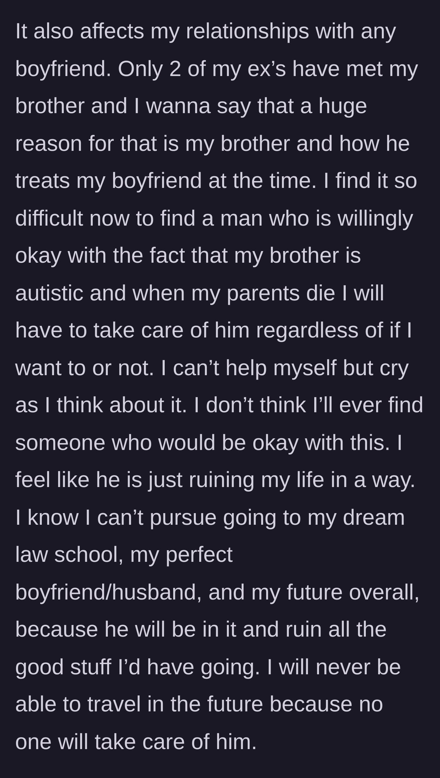 Story part 5 - A tearful young woman sitting alone, overwhelmed by the thought of never finding a partner due to her family situation.