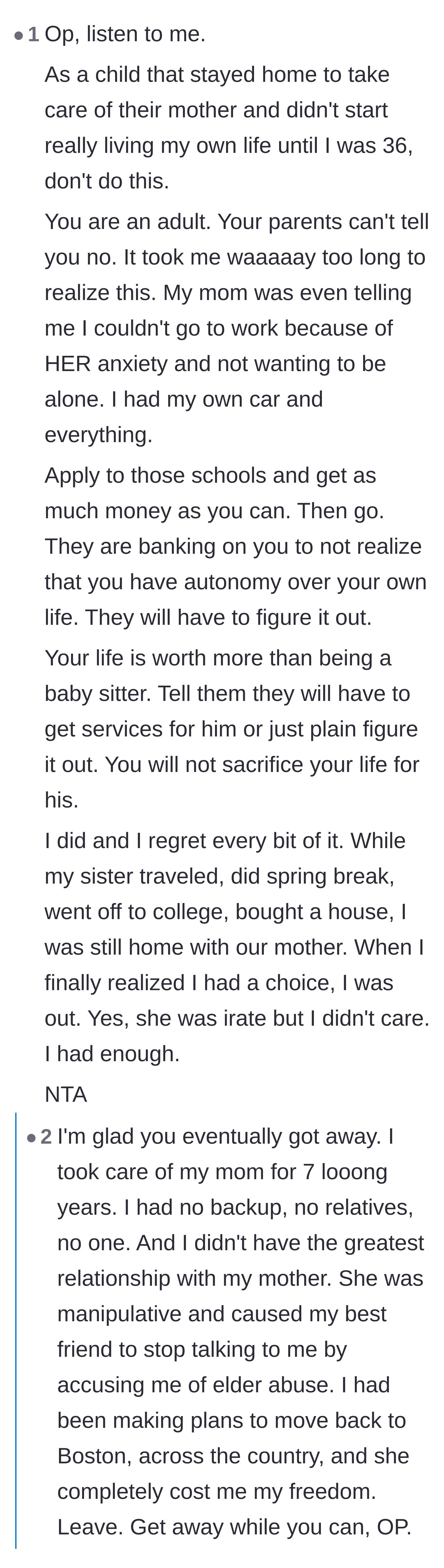 Comment thread 1 - A former caregiver sharing their own regret of sacrificing their youth for their mother.