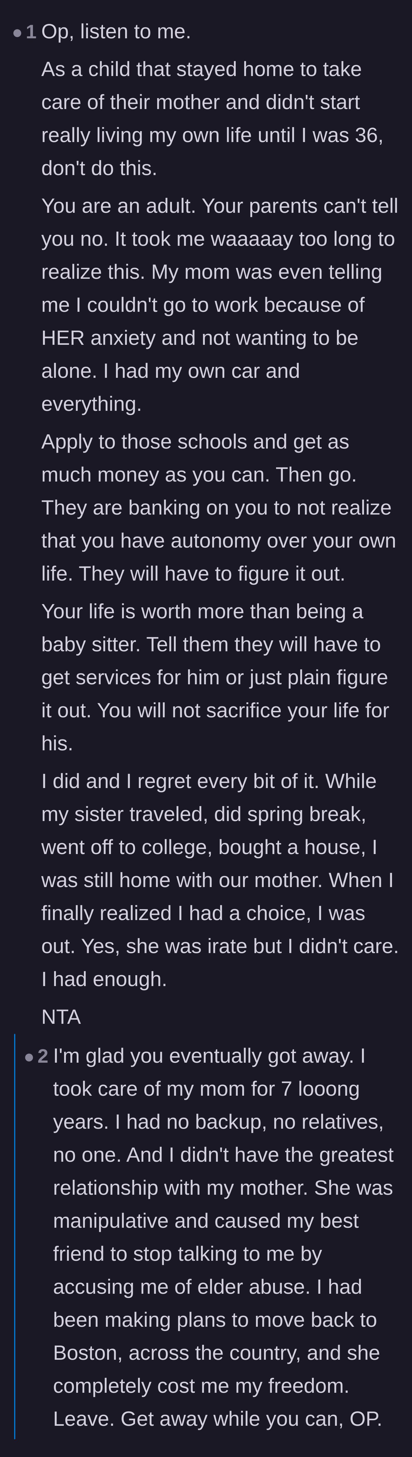 Comment thread 1 - A former caregiver sharing their own regret of sacrificing their youth for their mother.