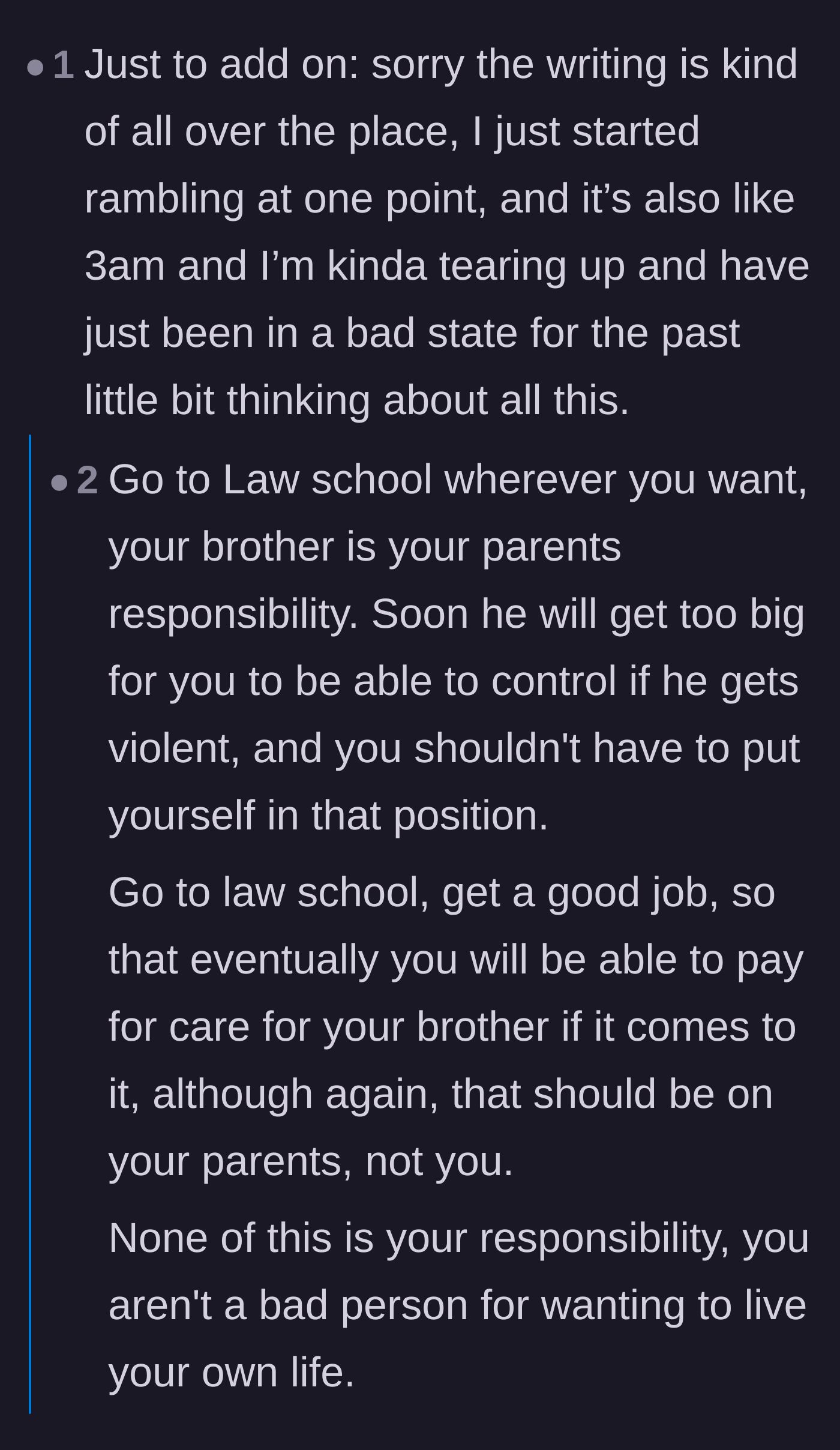 Comment thread 3 - The original poster admitting she is crying at 3 AM, receiving supportive replies about legally refusing guardianship.