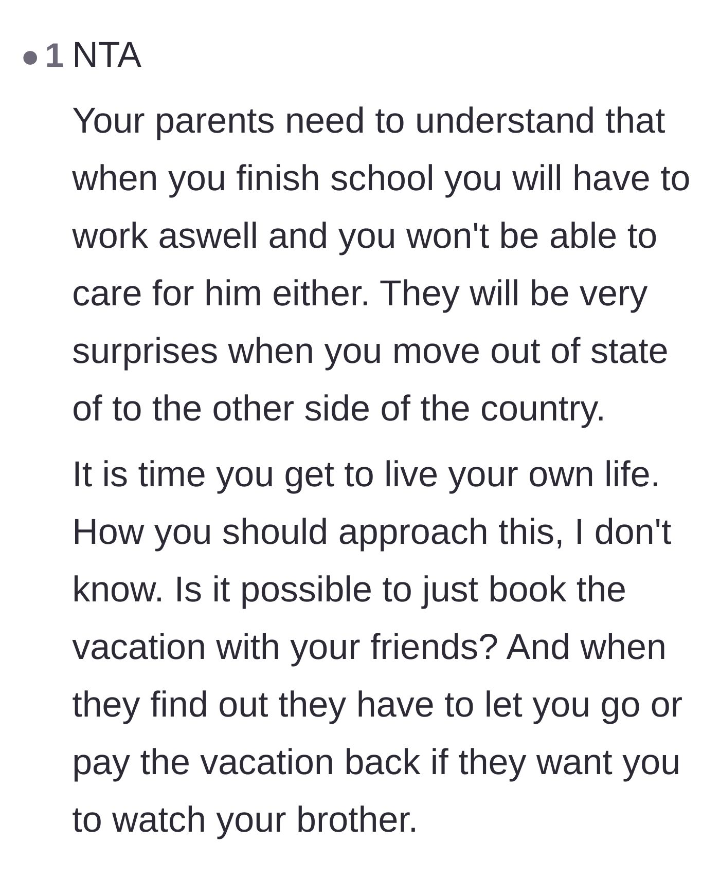 Comment thread 4 - A commenter suggesting she book her spring break trip and force her parents to find alternative care.