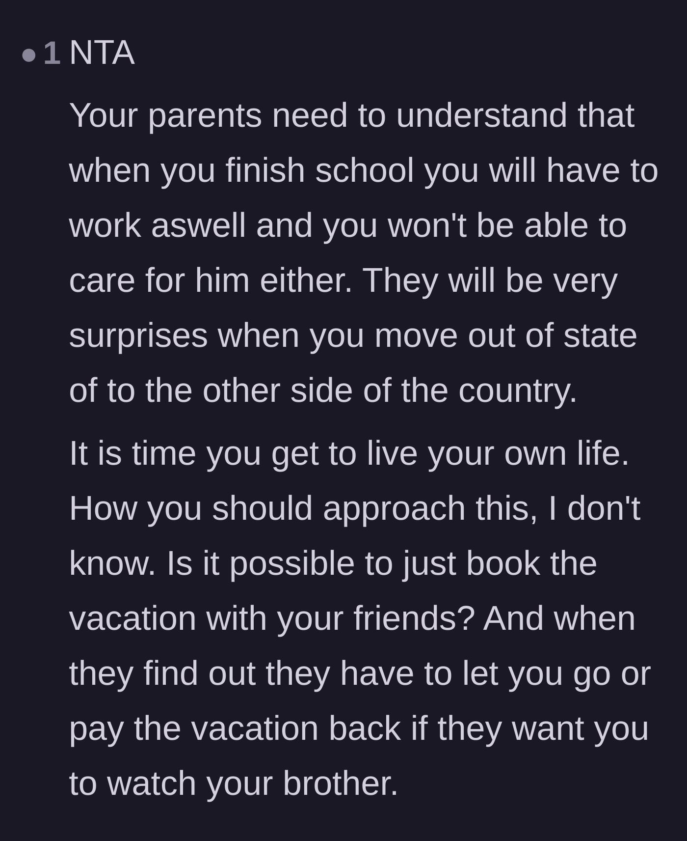 Comment thread 4 - A commenter suggesting she book her spring break trip and force her parents to find alternative care.