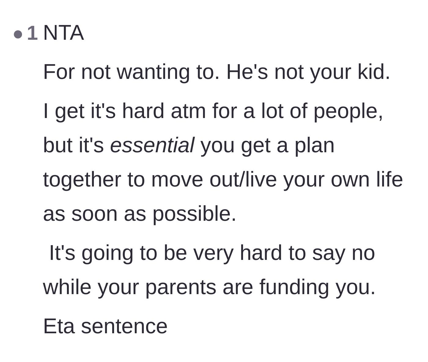 Comment thread 6 - A reminder that achieving financial independence is the only way she can truly say no to her parents.