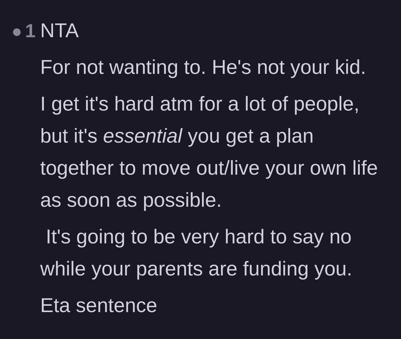 Comment thread 6 - A reminder that achieving financial independence is the only way she can truly say no to her parents.