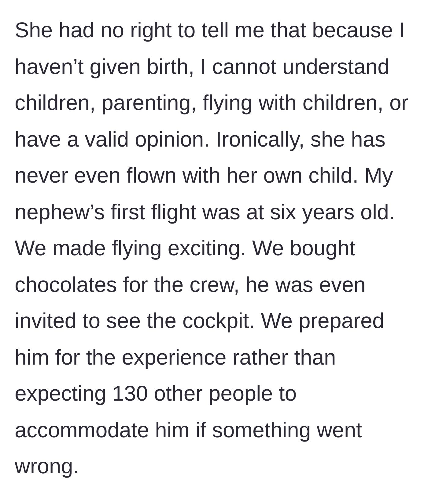 Story part 6 - Pointing out the irony that the gatekeeping wife has never actually flown with her own child.
