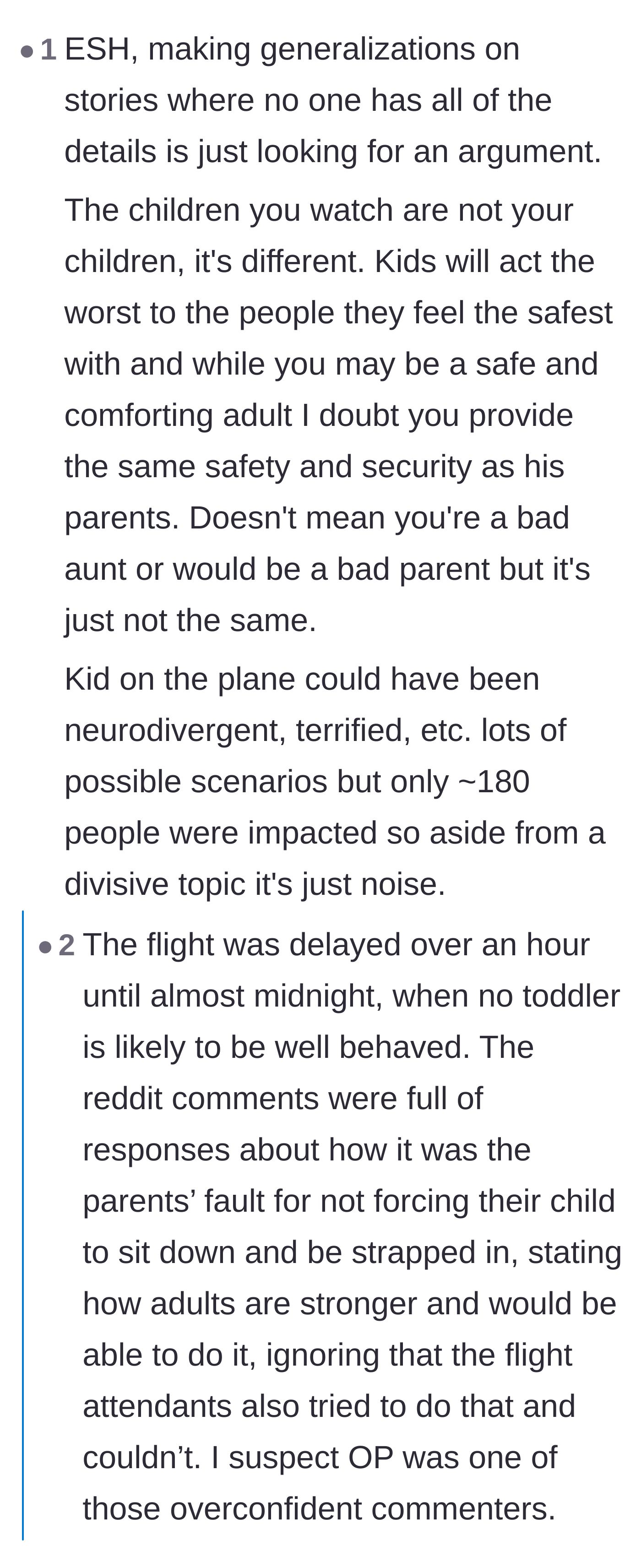 Comment thread 6 - Defending the parents on the flight and claiming that watching a nephew is not the same as raising a child.