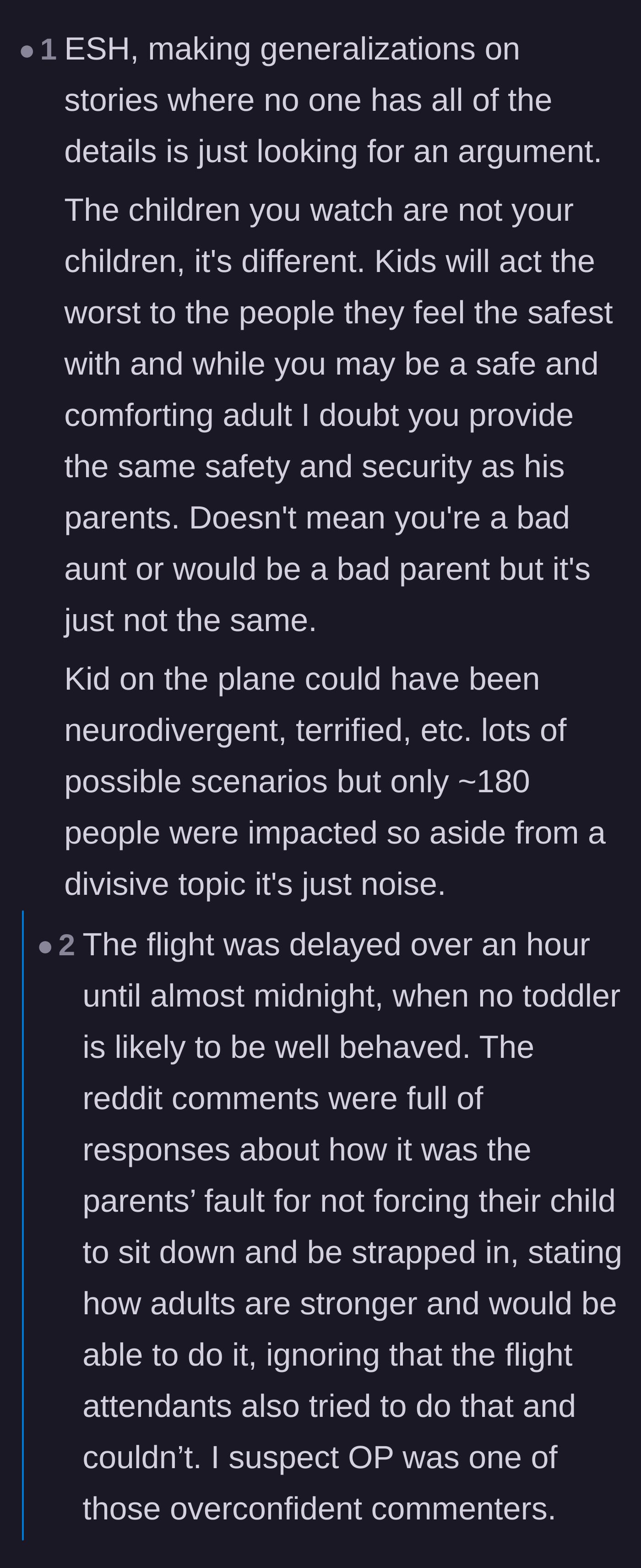 Comment thread 6 - Defending the parents on the flight and claiming that watching a nephew is not the same as raising a child.