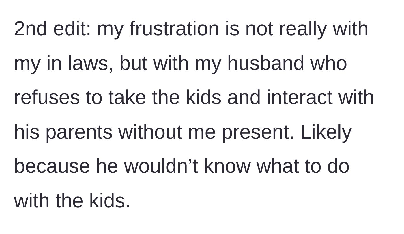 Story part 5 - The mother clarifies that her real anger is aimed at her husband's refusal to parent his own children without her present.