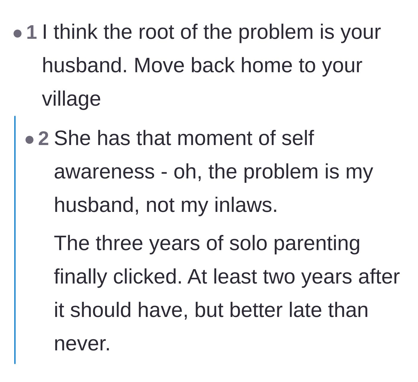 Comment thread 1 - Readers analyzing the husband's text messages, concluding he is intentionally rewriting history to build a custody case against her.
