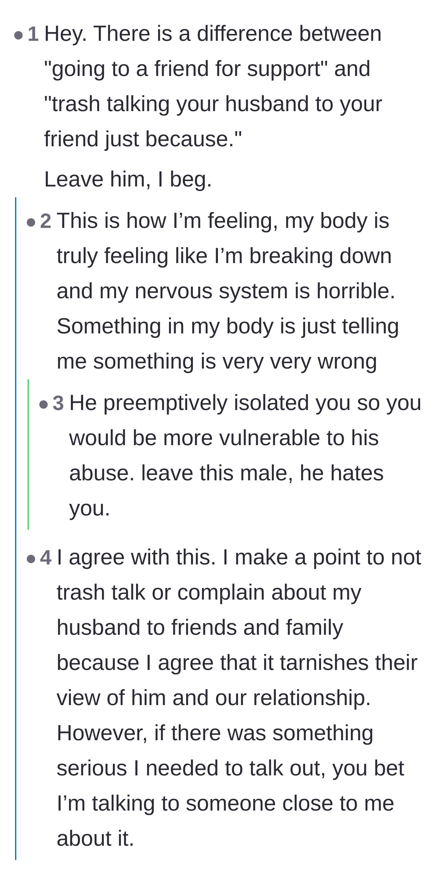 Comment thread 1 - Advice on recognizing isolation as abuse and creating a safe exit plan