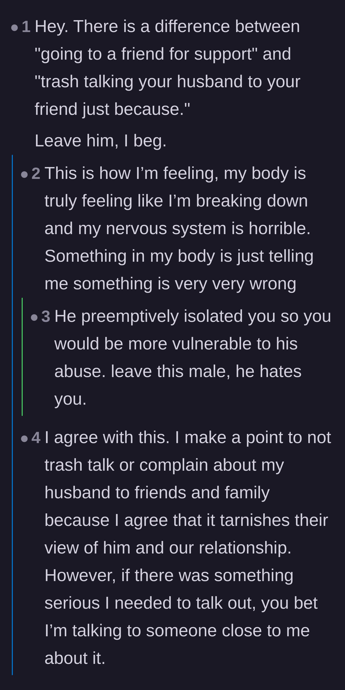 Comment thread 1 - Advice on recognizing isolation as abuse and creating a safe exit plan