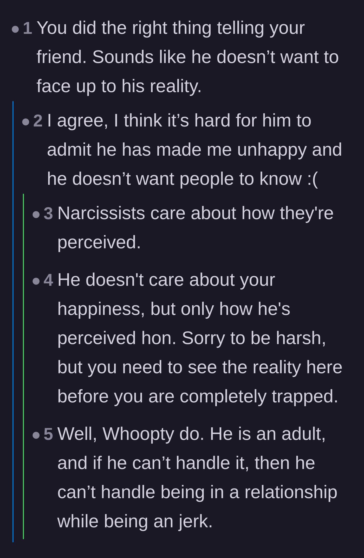 Comment thread 4 - Discussion on how the husband prioritizes his public image over his wife's mental health