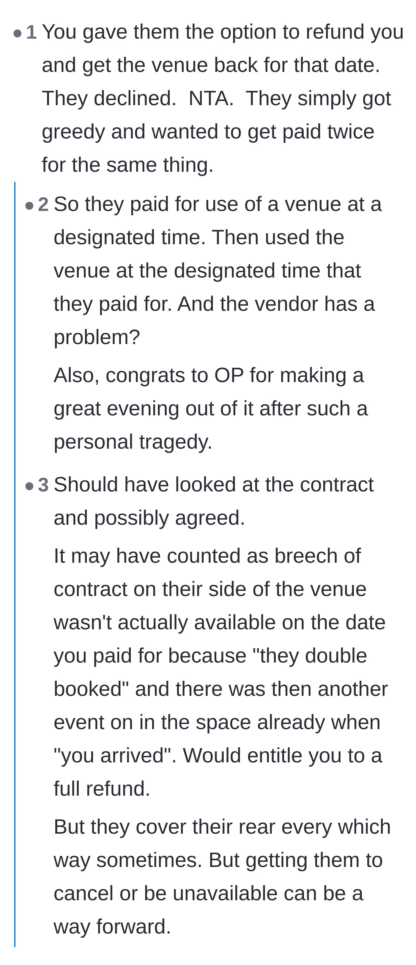 Comment thread 1 - Readers dissecting the legality and sheer audacity of the venue attempting to reclaim the space without offering a refund.