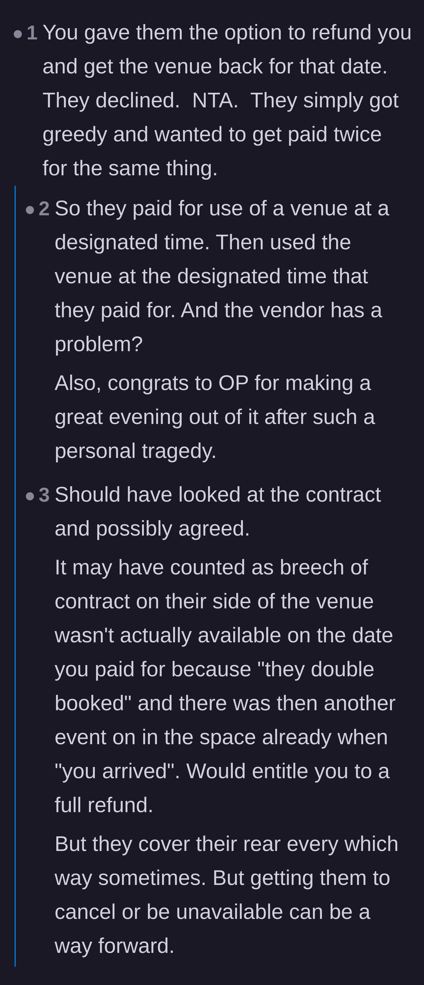 Comment thread 1 - Readers dissecting the legality and sheer audacity of the venue attempting to reclaim the space without offering a refund.