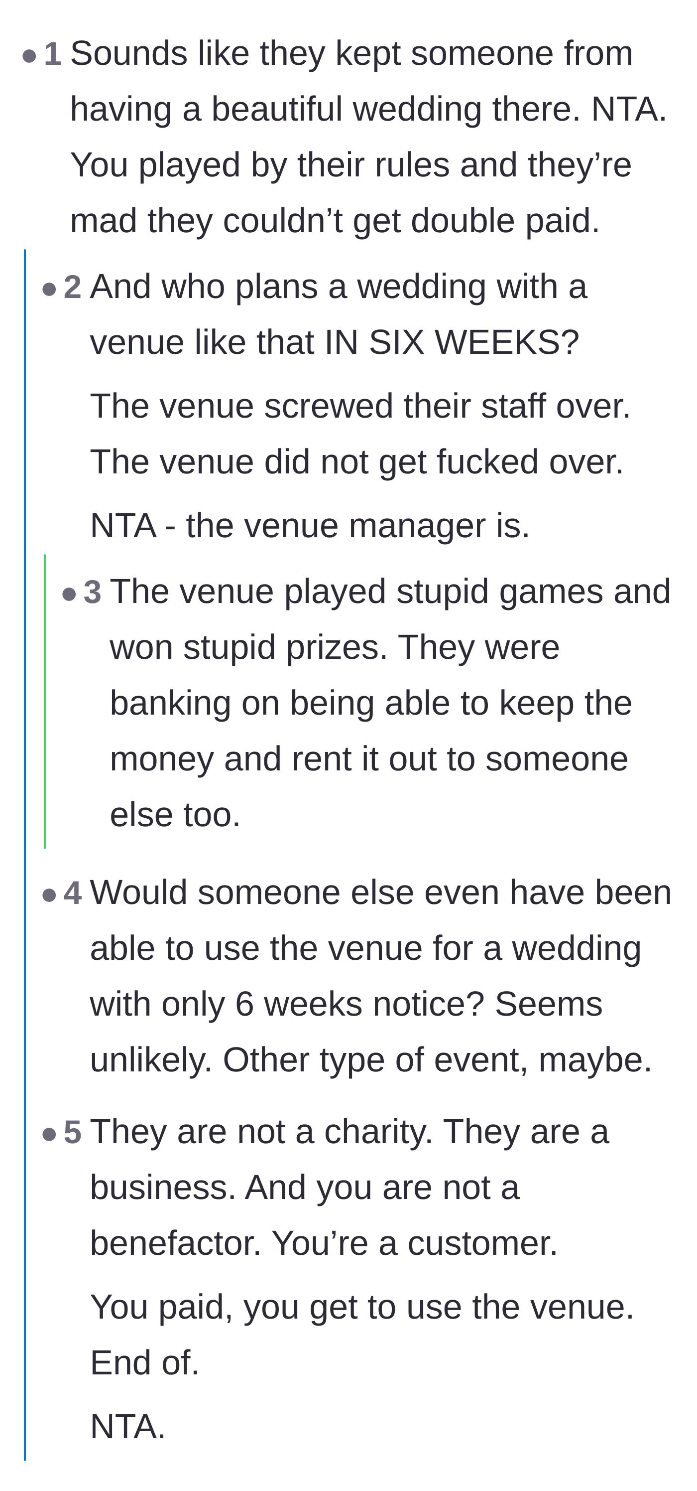 Comment thread 2 - A discussion debunking the guilt trip that the groom somehow ruined a hypothetical couple's wedding dreams on six weeks' notice.