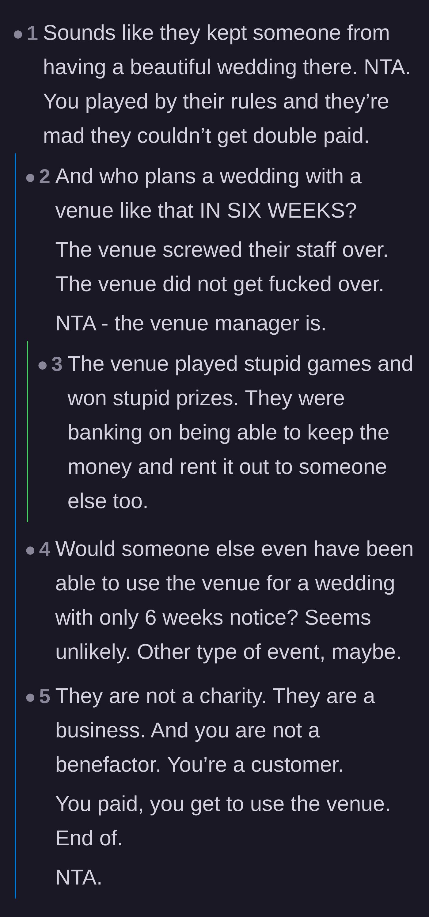 Comment thread 2 - A discussion debunking the guilt trip that the groom somehow ruined a hypothetical couple's wedding dreams on six weeks' notice.
