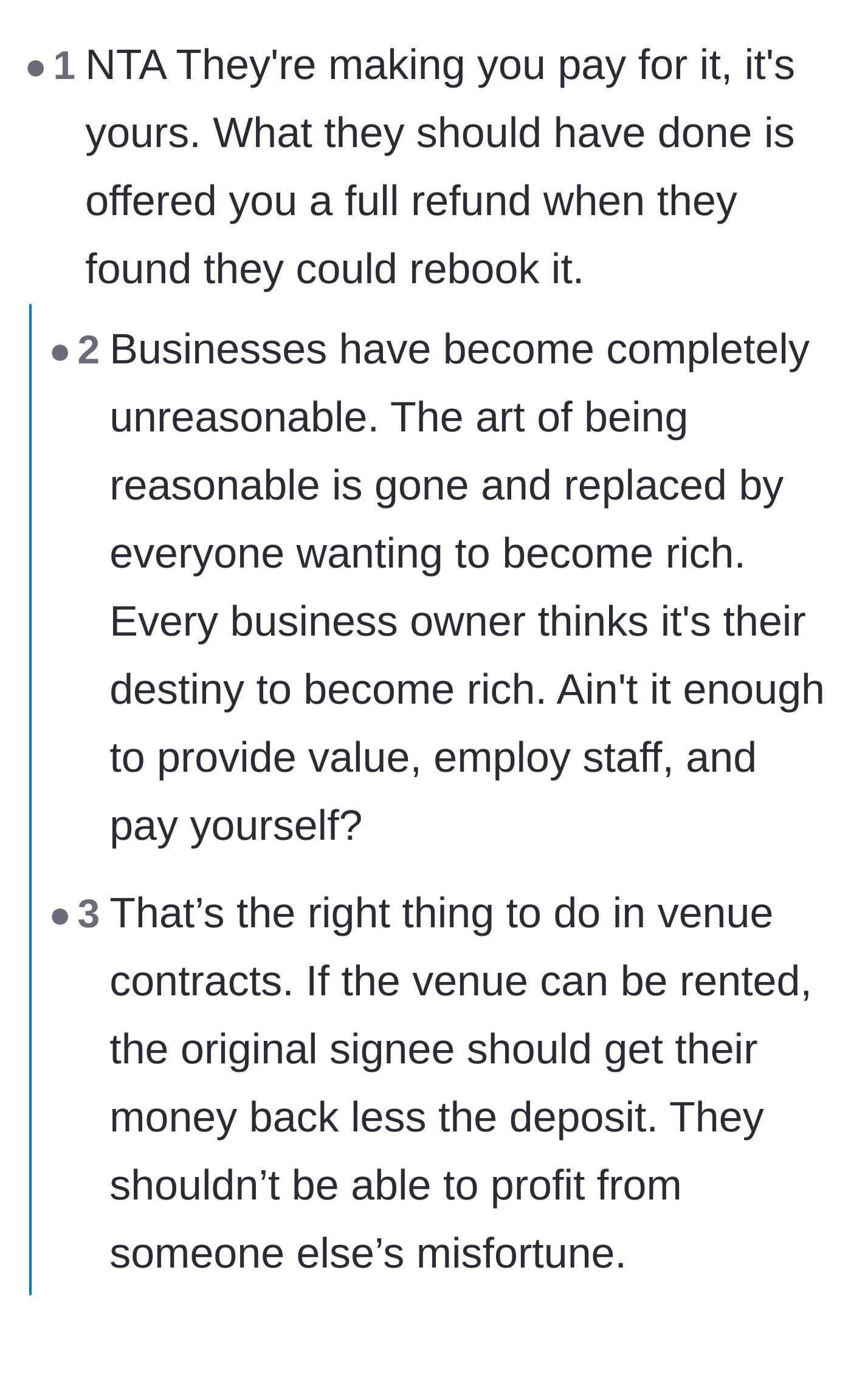 Comment thread 3 - A debate on modern business ethics and how the venue missed an easy opportunity for a win-win compromise.