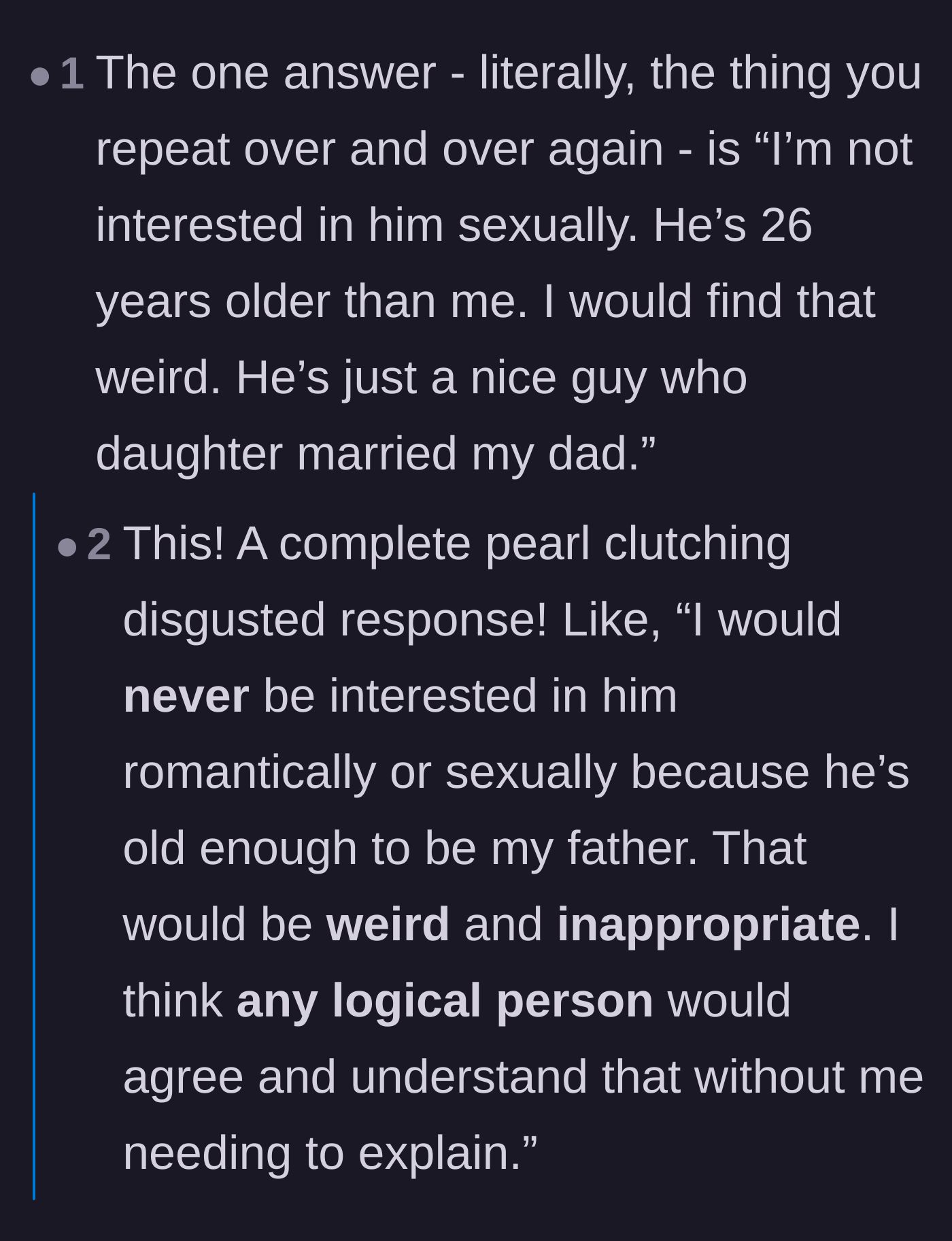 Comment thread 6 - Advice on using weaponized innocence to highlight the stepmother's bizarre choices.