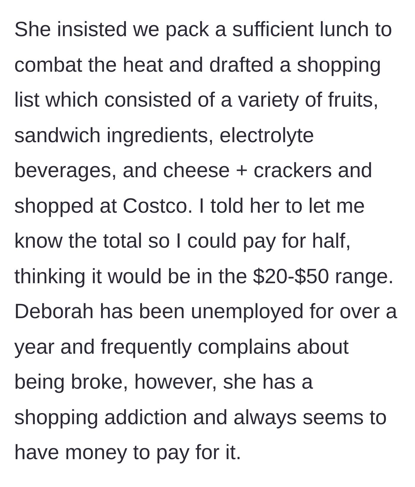Story part 2 - The friend buys lunch at Costco and the narrator expects a $20 to $50 split, noting the friend's shopping habits.