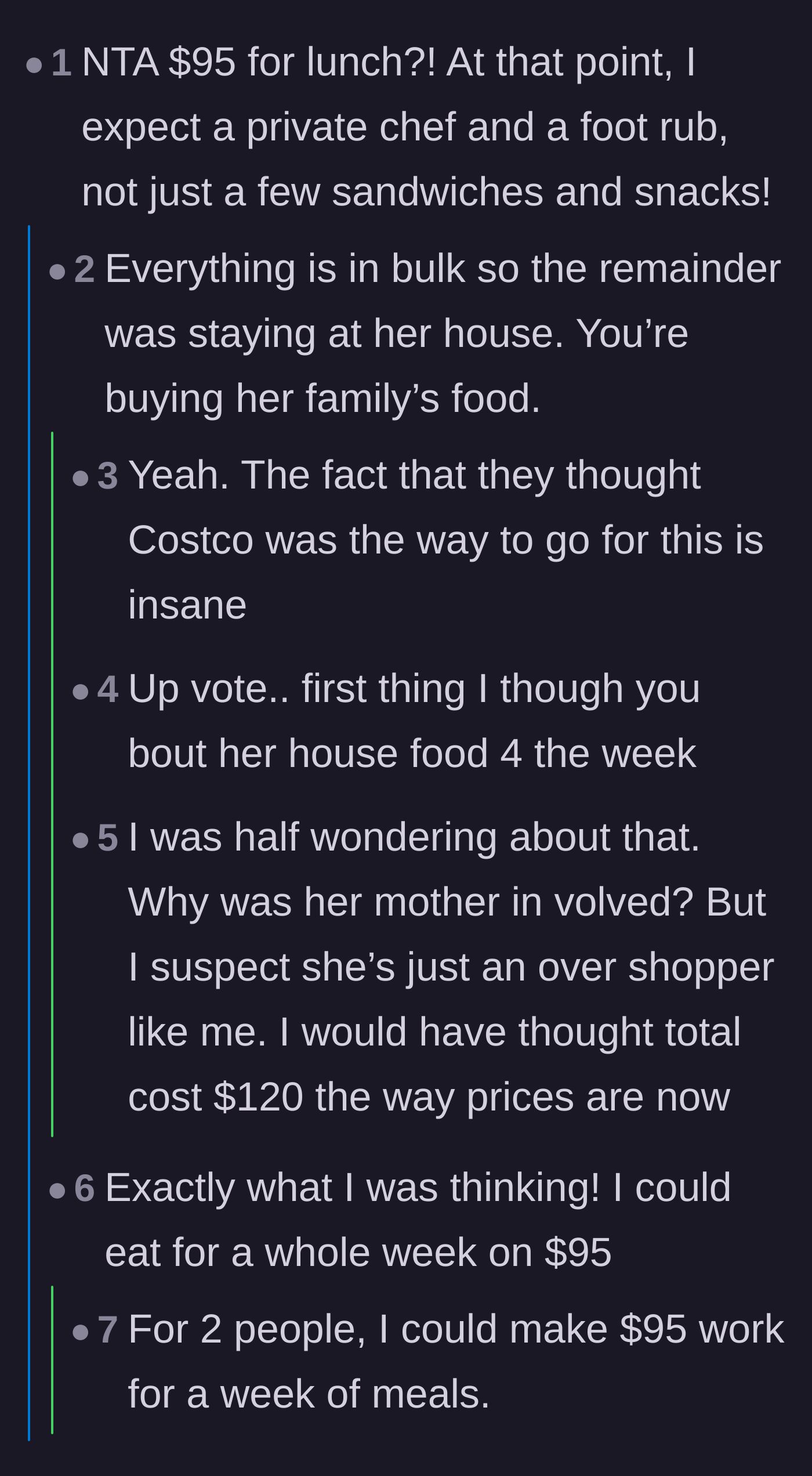 Comment thread 1 - Commenters calculating that a $200 Costco run buys two weeks of family groceries, not a single lunch for two.