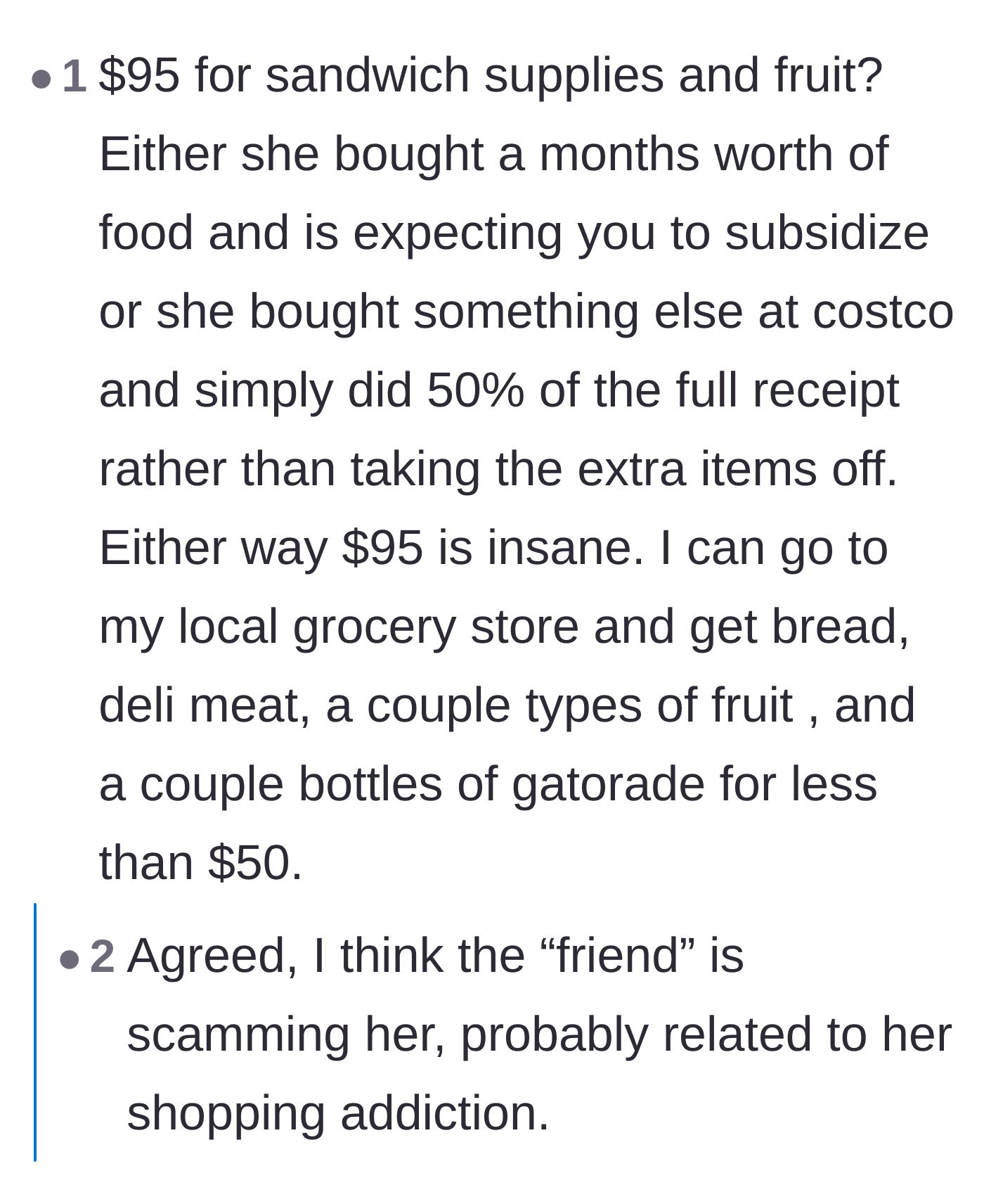 Comment thread 2 - A detailed price breakdown proving Costco sandwich supplies would only cost around $50 to feed ten people.