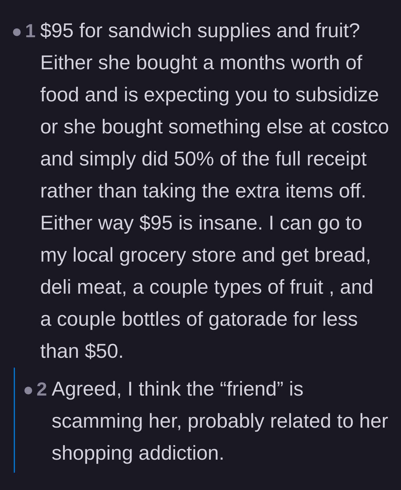 Comment thread 2 - A detailed price breakdown proving Costco sandwich supplies would only cost around $50 to feed ten people.