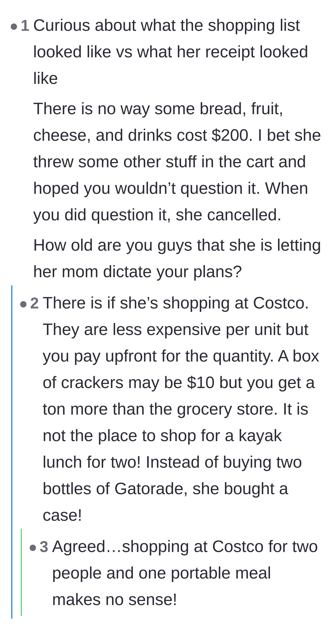 Comment thread 3 - A commenter pointing out the absurdity of a grown woman having her mother cancel her plans after being questioned about a receipt.
