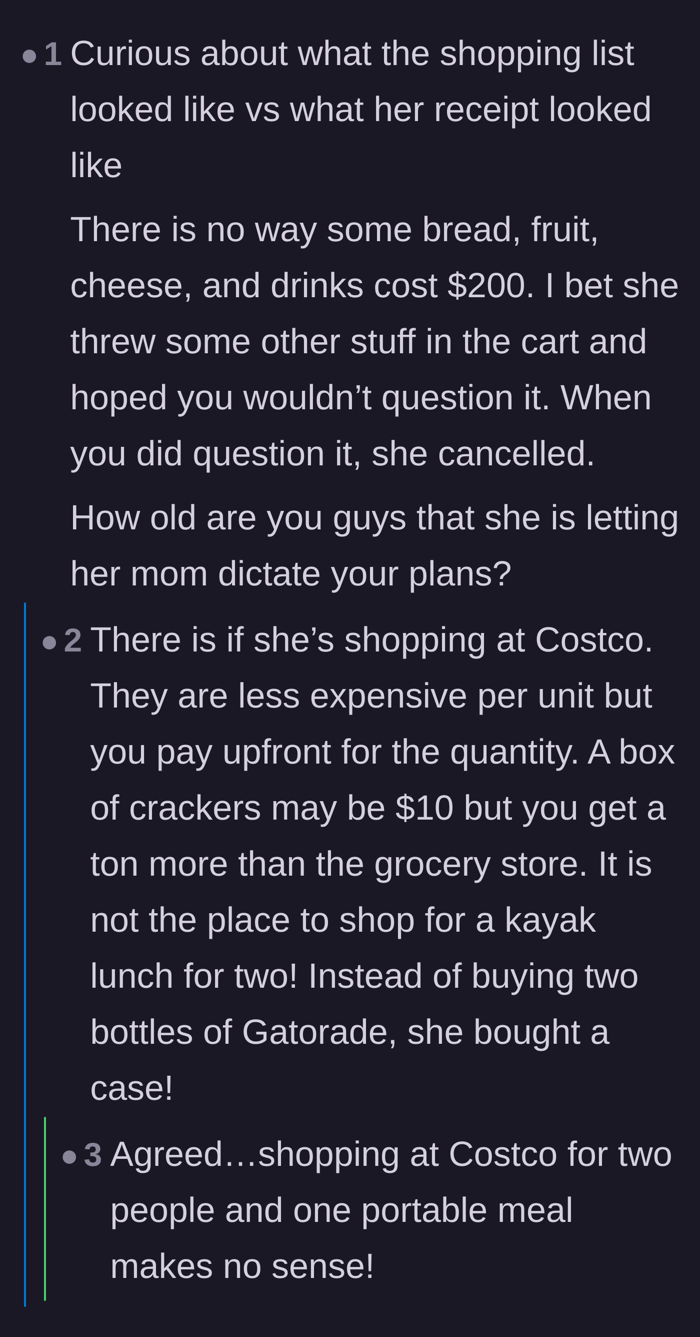 Comment thread 3 - A commenter pointing out the absurdity of a grown woman having her mother cancel her plans after being questioned about a receipt.