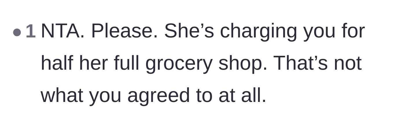 Comment thread 4 - A straightforward comment validating that the friend was unfairly charging the narrator for her entire grocery run.
