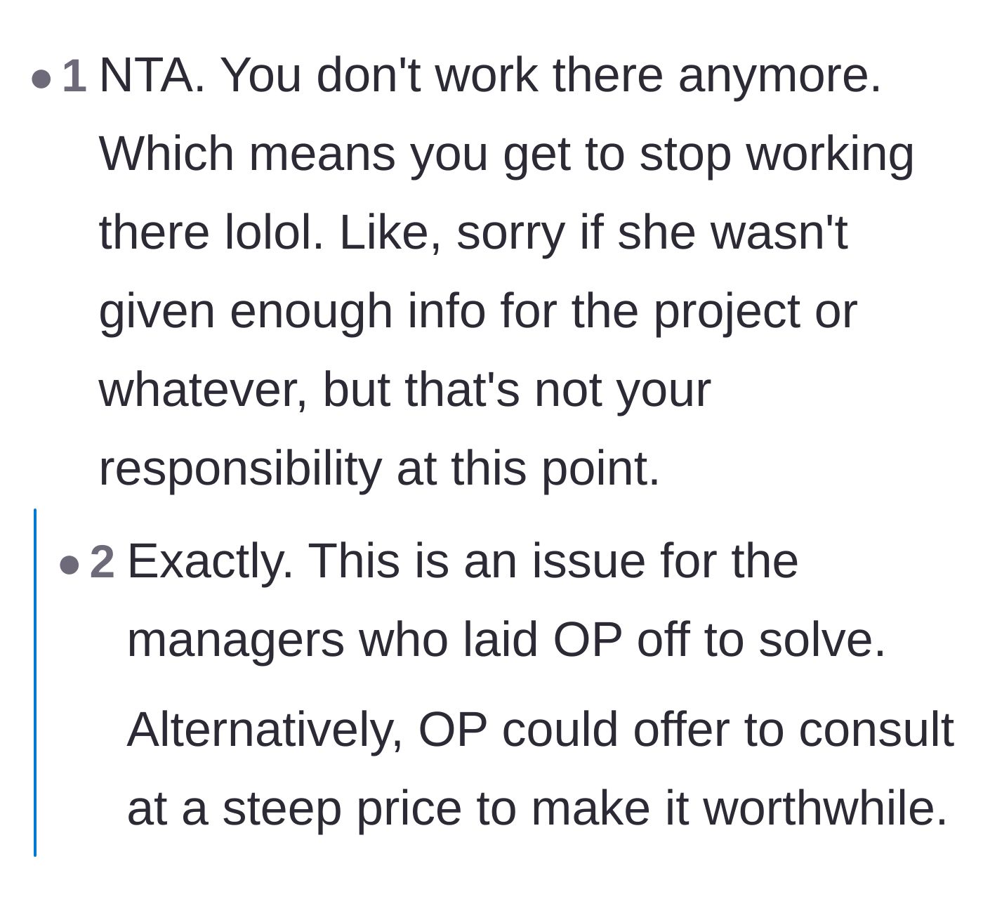 Comment thread 1 - Advice on charging consulting fees and holding management accountable.