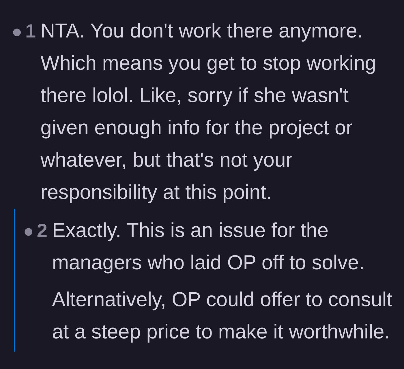 Comment thread 1 - Advice on charging consulting fees and holding management accountable.