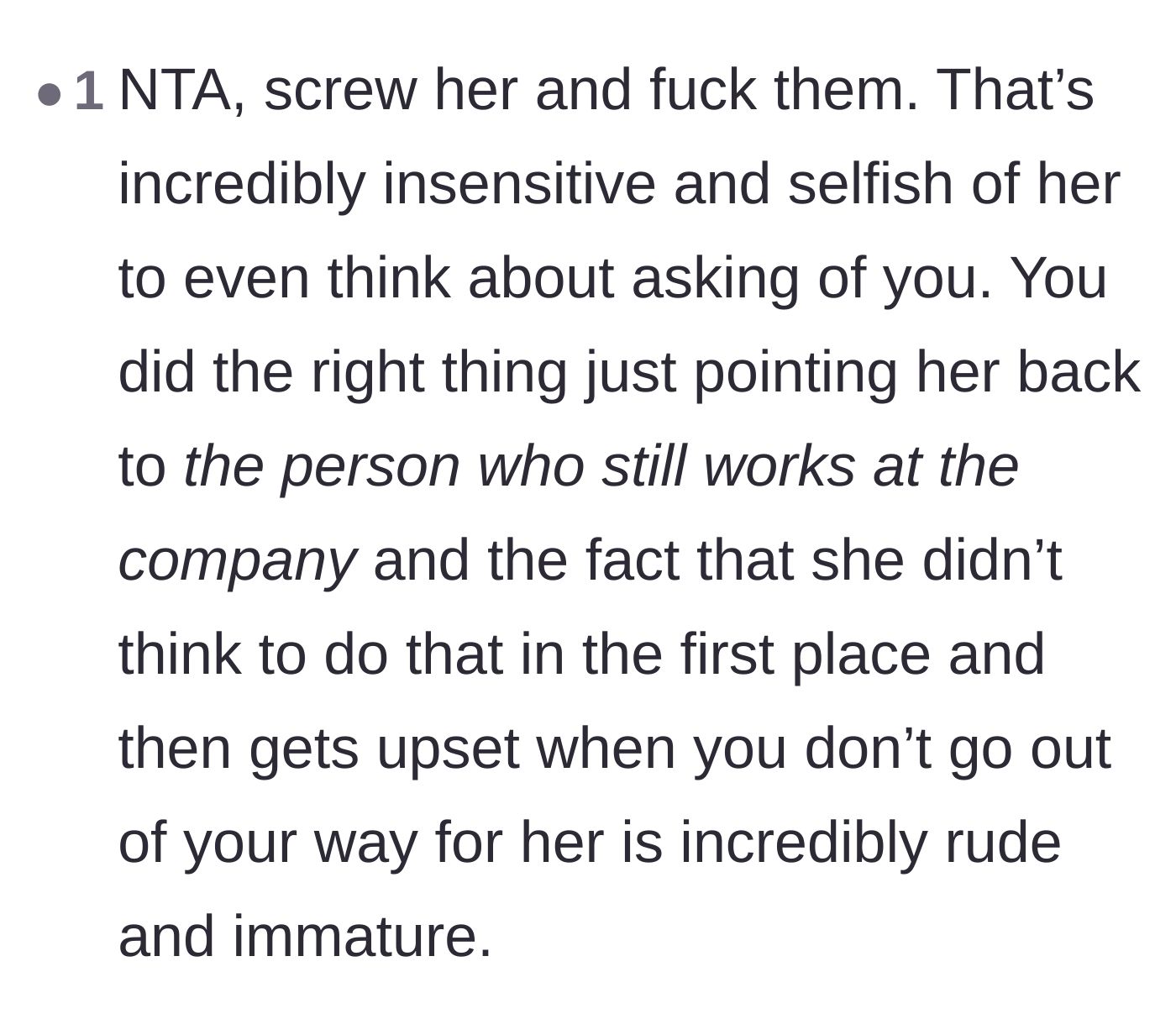 Comment thread 2 - Outrage over the coworker's lack of empathy and selfish demands.