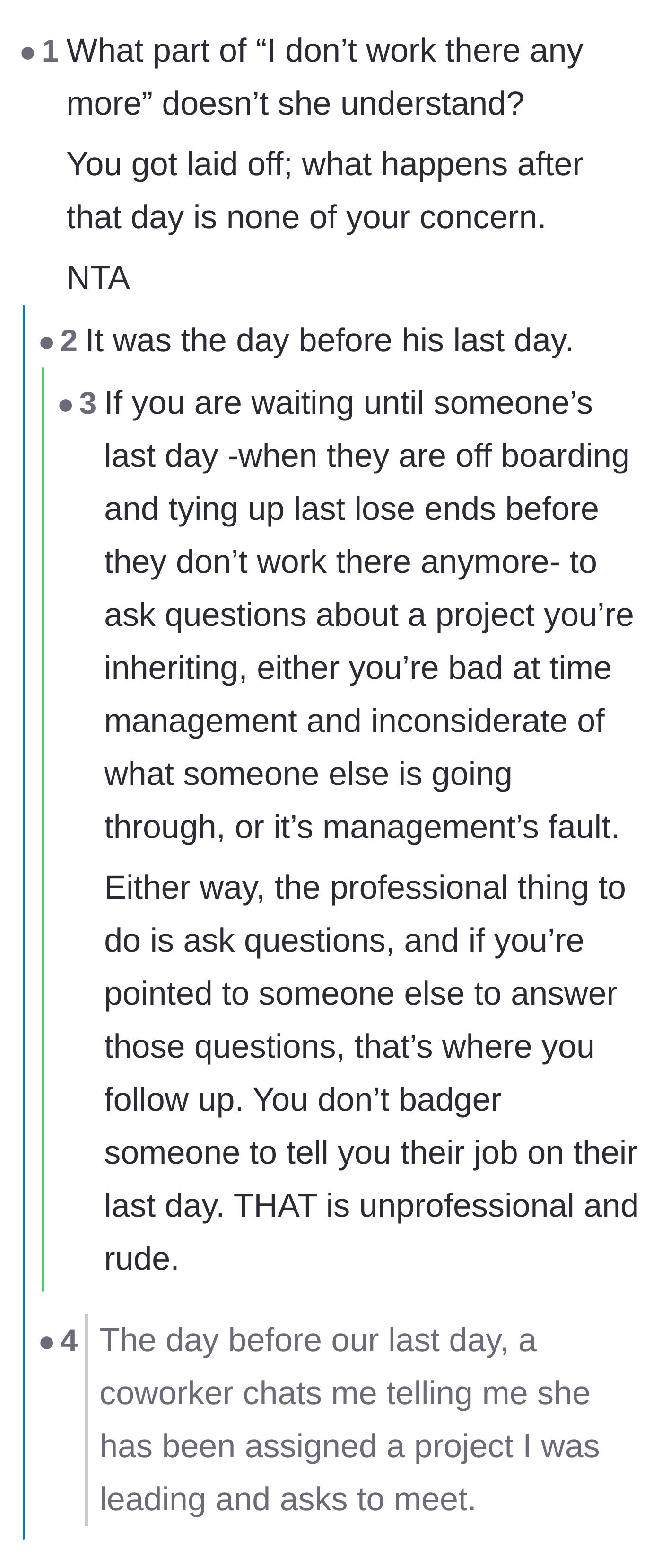 Comment thread 3 - Debating the timeline of the request and the transactional nature of employment.